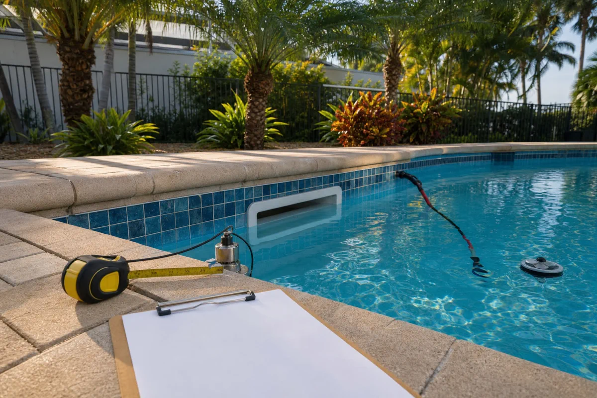 Palm Coast pool equipment and deck access context for scheduling leak detection